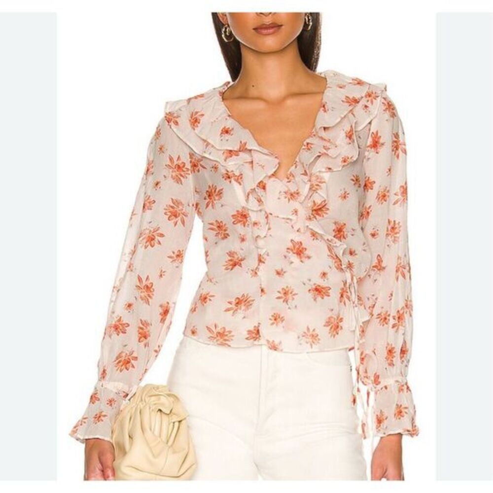NWT Free People Blouse XS Cream Orange pink Ruffle Wrap Amanda Floral Top V Neck